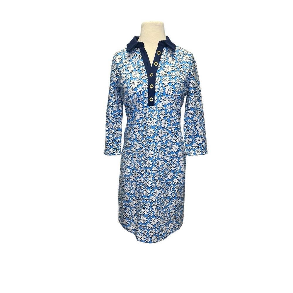 Lilly Pulitzer Ainslee 3/4 Sleeve Dress Lunar Blue Palm Beach Floral Small‎